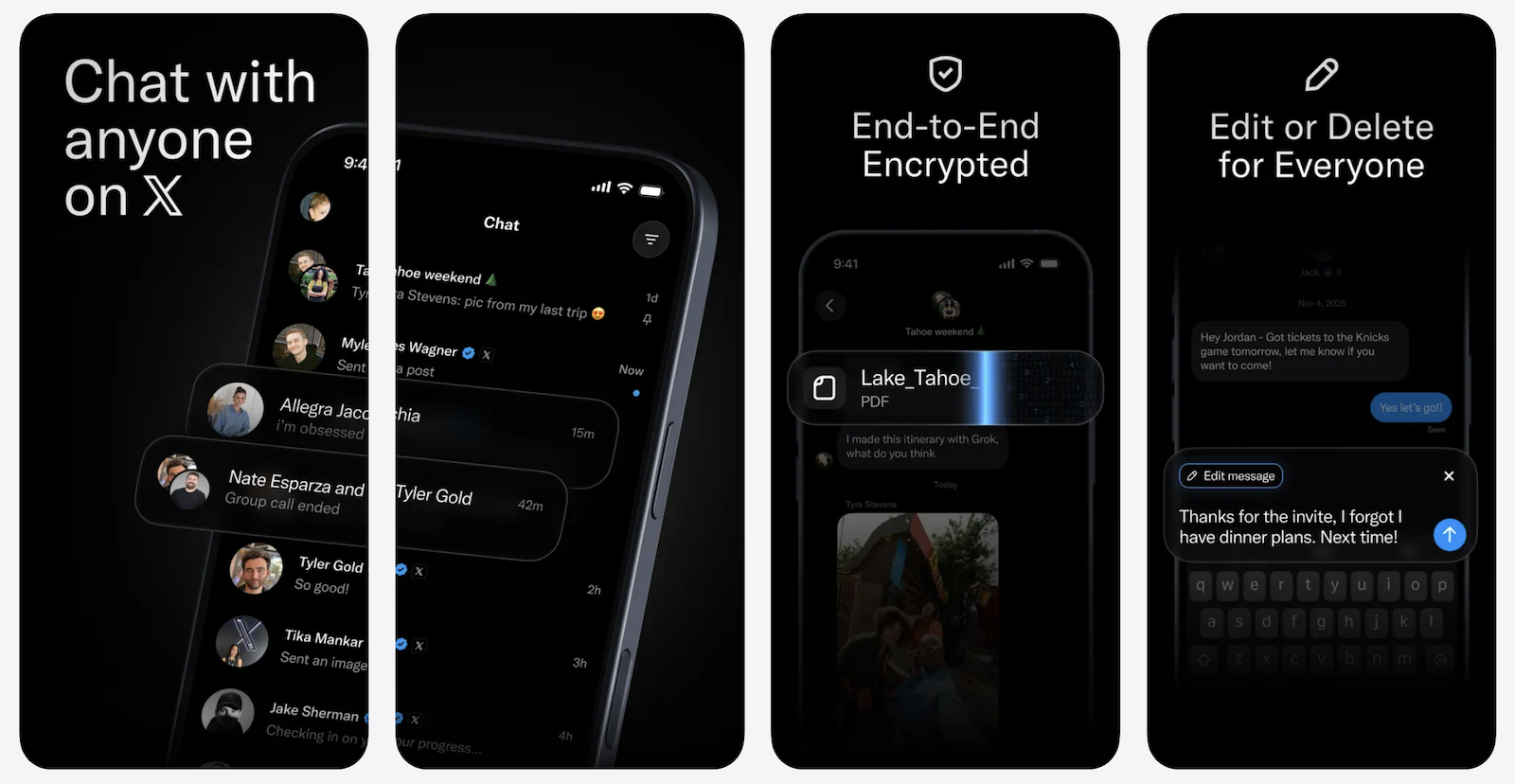 XChat App Store preview: chat list, conversations, end-to-end encryption, and message editing